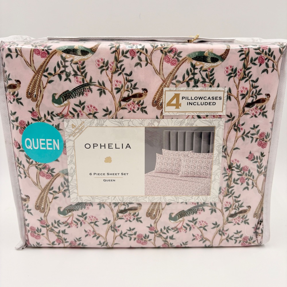 Ophelia Queen 6 Piece Sheet Set Pink Botanical Bird Floral 4 Pillowcases NEW